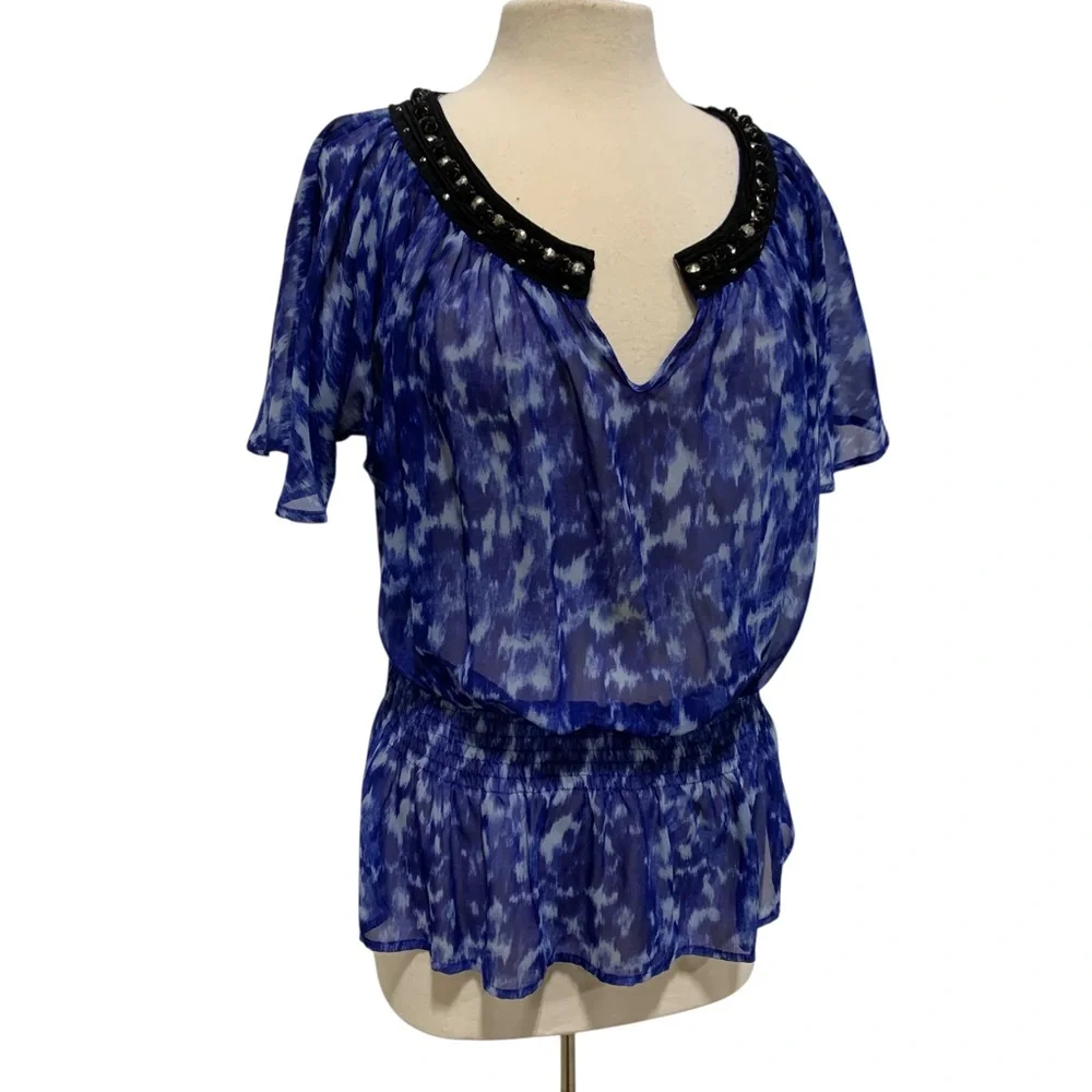 Michael Kors Blue Tie-Dye Blouse with Jems Vneck Collar 2328‎ M